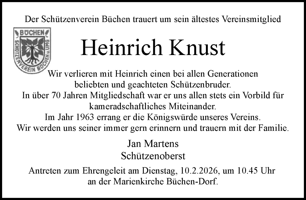  Traueranzeige für Heinrich Knust vom 07.02.2026 aus Wochenend Anzeiger