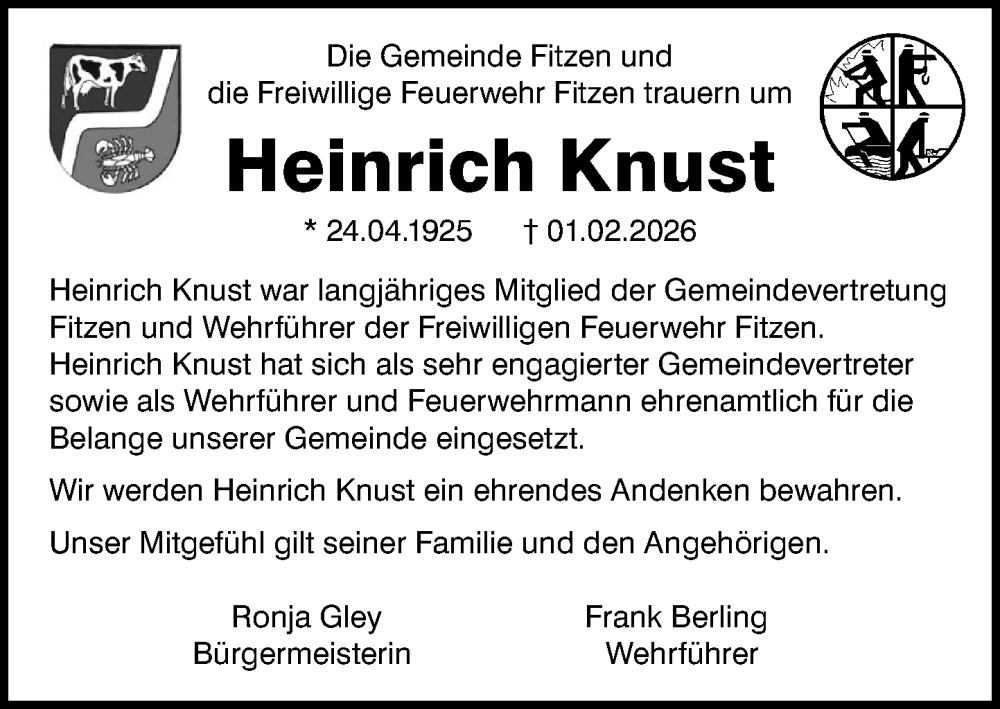  Traueranzeige für Heinrich Knust vom 07.02.2026 aus Wochenend Anzeiger