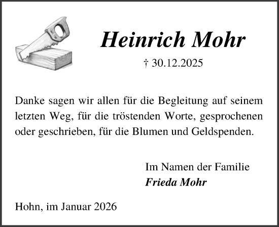 Traueranzeige von Heinrich Mohr von Schleswig-Holsteinische Landeszeitung