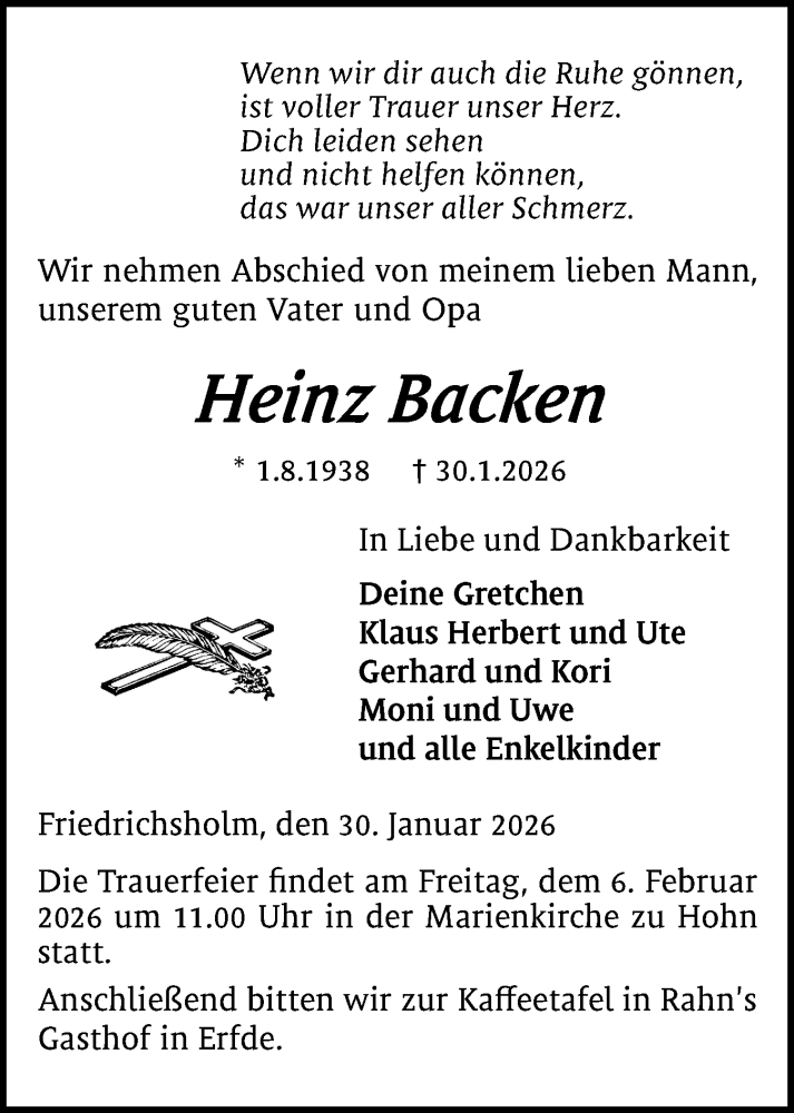 Traueranzeige für Heinz Backen vom 04.02.2026 aus Schleswig-Holsteinische Landeszeitung