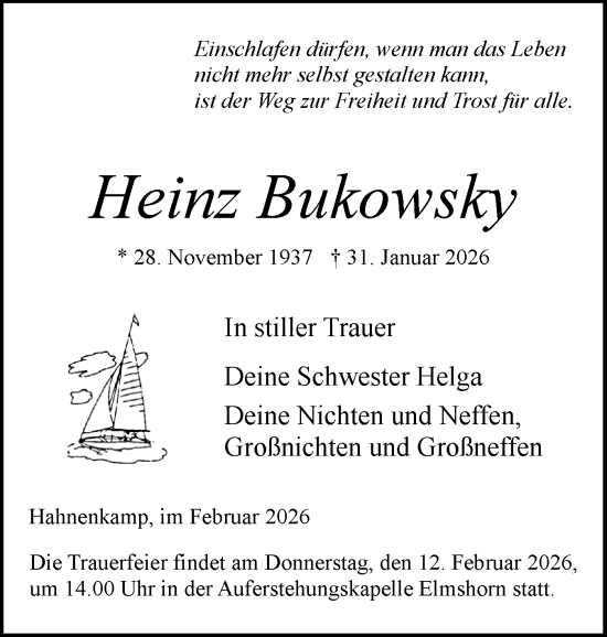 Traueranzeige von Heinz Bukowsky von Elmshorner Nachrichten, Barmstedter Zeitung