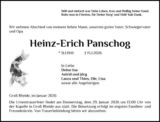 Traueranzeige von Heinz-Erich Panschog von Schleswiger Nachrichten, Schlei-Bote