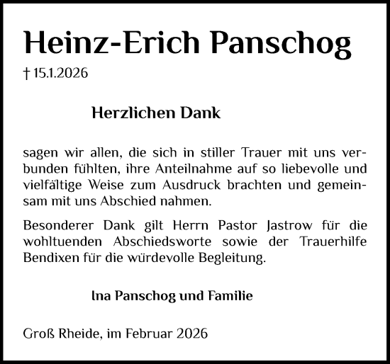 Traueranzeige von Heinz-Erich Panschog von Schleswiger Nachrichten, Schlei-Bote