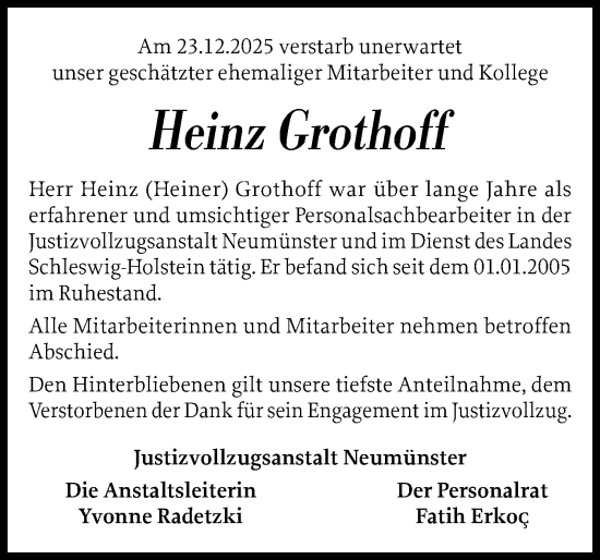 Traueranzeige von Heinz Grothoff von Holsteinischer Courier