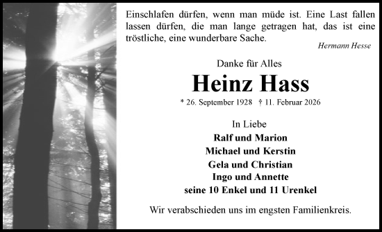 Traueranzeige von Heinz Hass von Flensburger Tageblatt