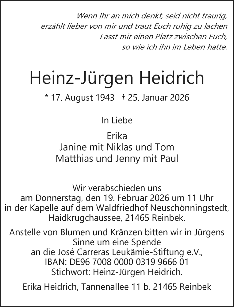  Traueranzeige für Heinz-Jürgen Heidrich vom 07.02.2026 aus MARKT Glinde/Reinfeld