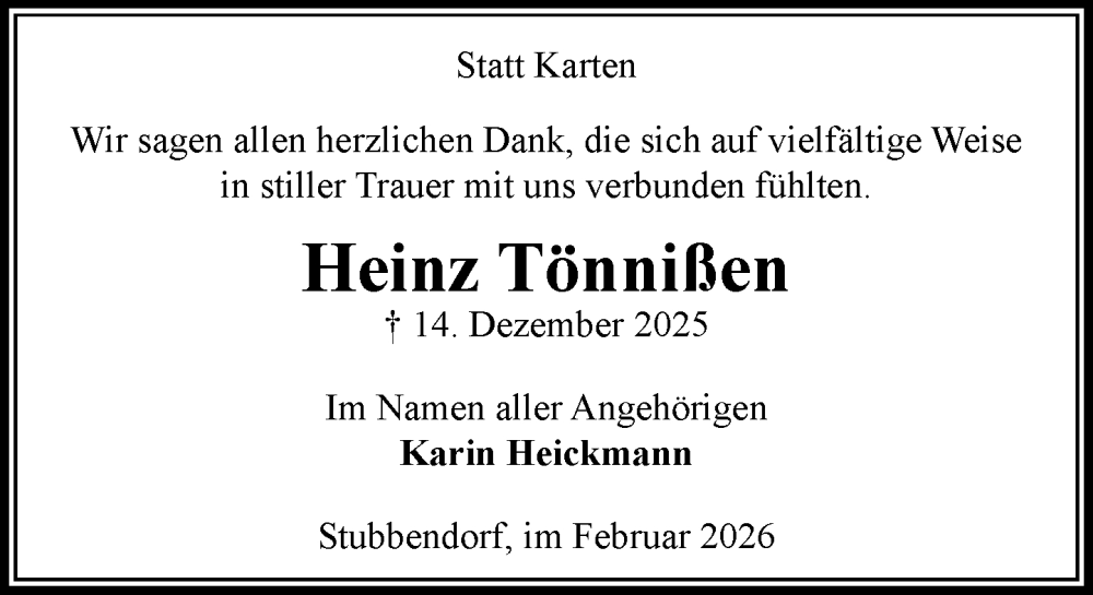  Traueranzeige für Heinz Tönnißen vom 21.02.2026 aus MARKT Bad Oldesloe/Reinfeld und Stormarner Tageblatt
