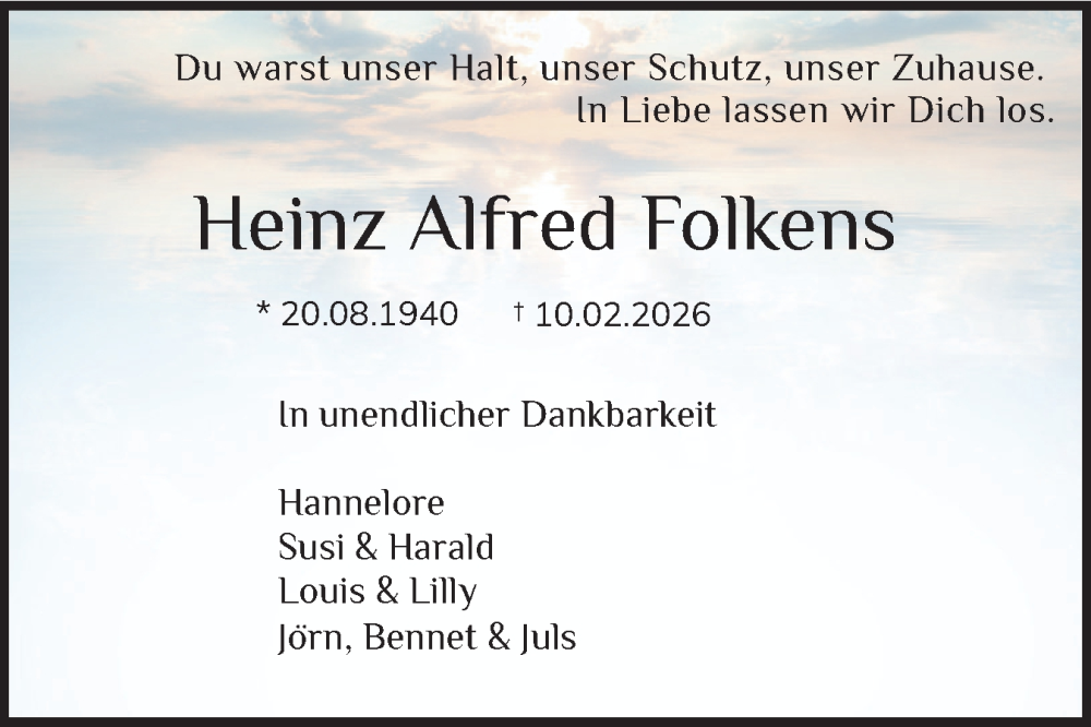  Traueranzeige für Heinz Alfred Folkens vom 14.02.2026 aus Elmshorner Nachrichten, Barmstedter Zeitung