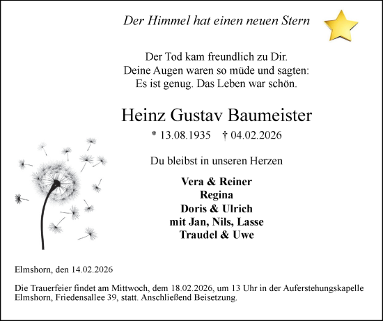 Traueranzeige von Heinz Gustav Baumeister von Elmshorner Nachrichten, Barmstedter Zeitung