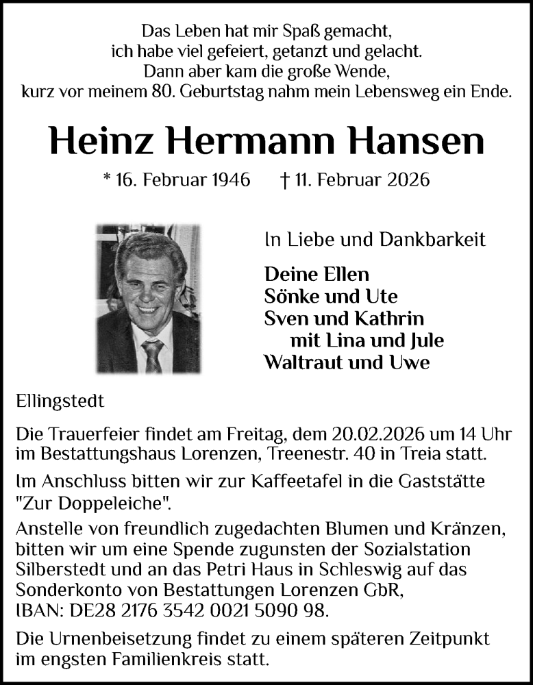  Traueranzeige für Heinz Hermann Hansen vom 14.02.2026 aus Schleswiger Nachrichten, Schlei-Bote