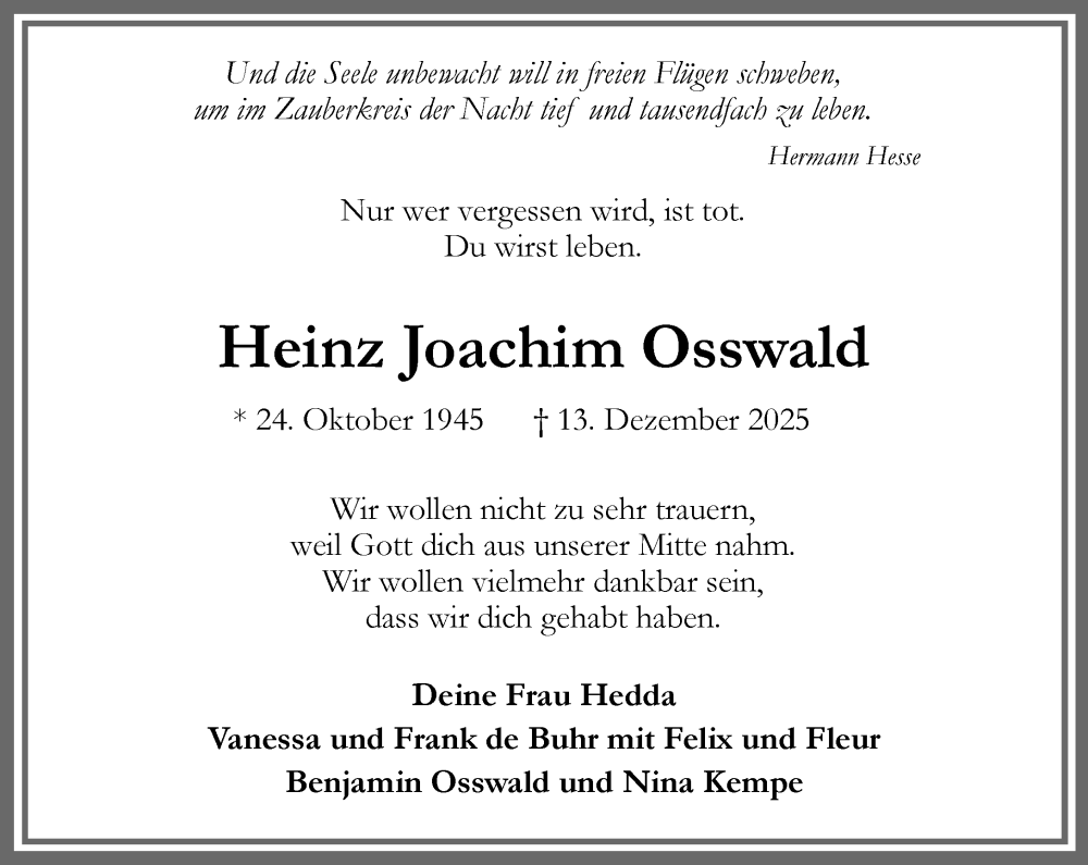  Traueranzeige für Heinz Joachim Osswald vom 14.02.2026 aus Umschau