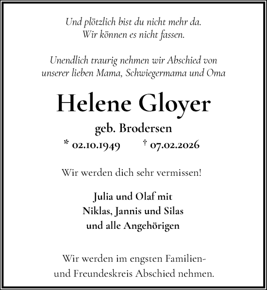 Traueranzeige von Helene Gloyer von Norddeutsche Rundschau, Wilstersche Zeitung, Glückstädter Fortuna