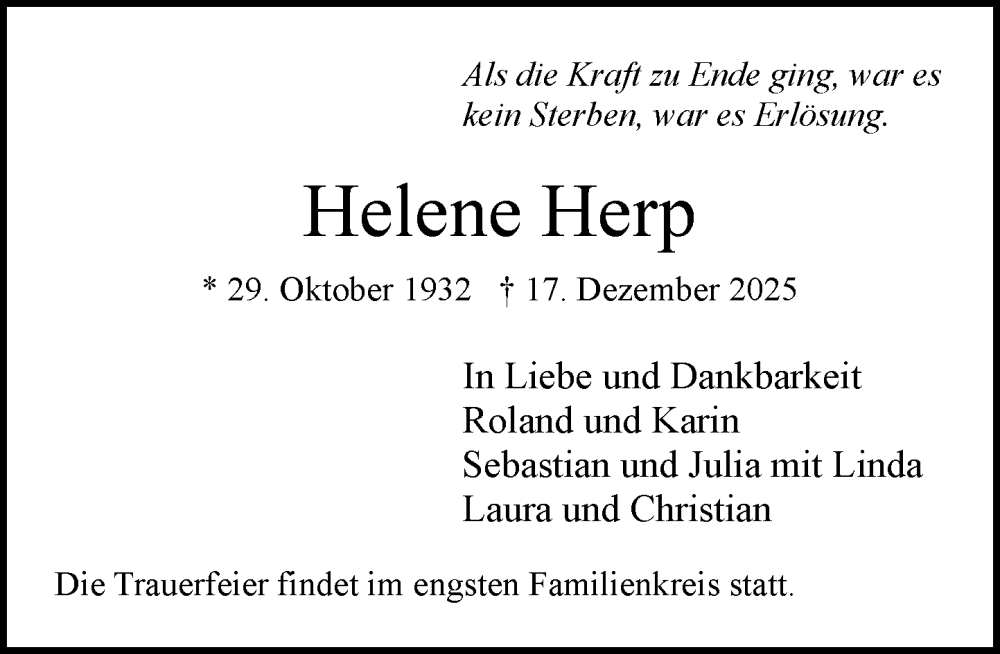  Traueranzeige für Helene Herp vom 14.02.2026 aus MARKT Ratzeburg/Mölln