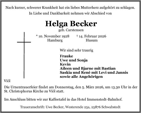 Traueranzeige von Helga Becker von Husumer Nachrichten, Nordfriesland Tageblatt