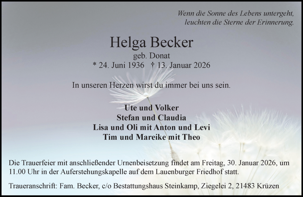  Traueranzeige für Helga Becker vom 24.01.2026 aus Wochenend Anzeiger