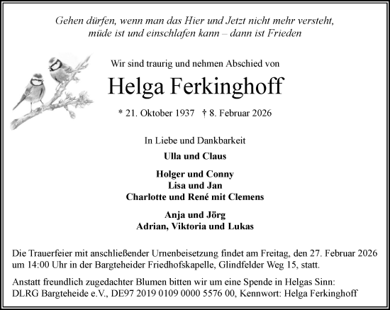 Traueranzeige von Helga Ferkinghoff von MARKT Ahrensburg/Bargteheide/Trittau und Stormarner Tageblatt