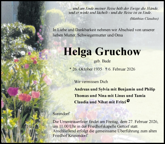 Traueranzeige von Helga Gruchow von Eckernförder Zeitung, Hallo Eckernförde