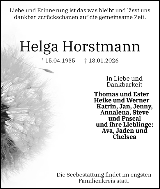 Traueranzeige von Helga Horstmann von Elmshorner Nachrichten, Barmstedter Zeitung