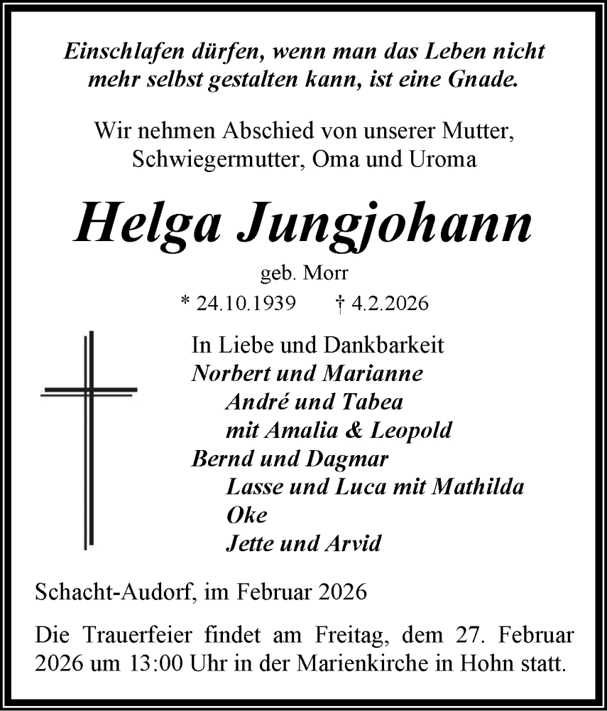  Traueranzeige für Helga Jungjohann vom 14.02.2026 aus Schleswig-Holsteinische Landeszeitung