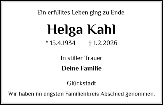 Traueranzeige von Helga Kahl von Norddeutsche Rundschau, Wilstersche Zeitung, Glückstädter Fortuna