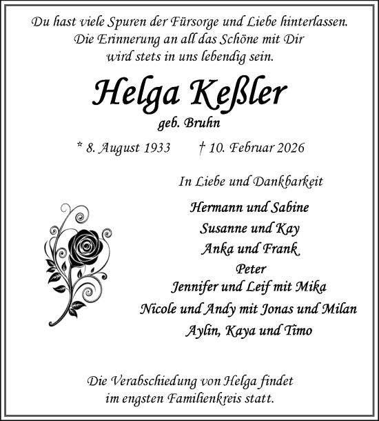 Traueranzeige von Helga Keßler von Flensburger Tageblatt
