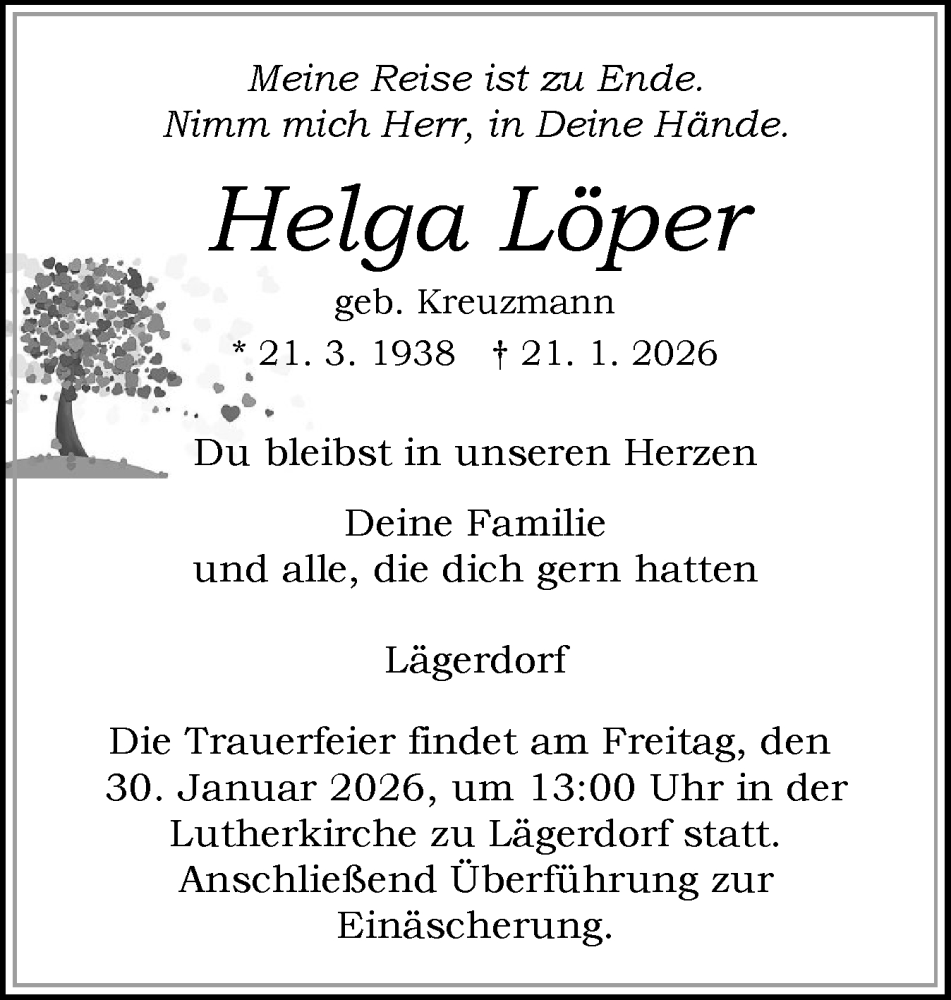  Traueranzeige für Helga Löper vom 24.01.2026 aus Norddeutsche Rundschau, Wilstersche Zeitung, Glückstädter Fortuna