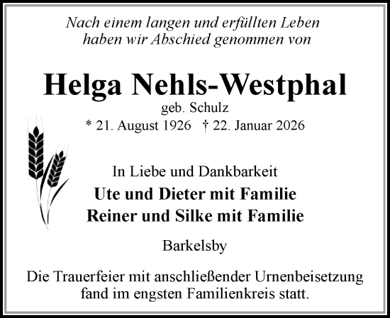 Traueranzeige von Helga Nehls-Westphal von Eckernförder Zeitung, Hallo Eckernförde