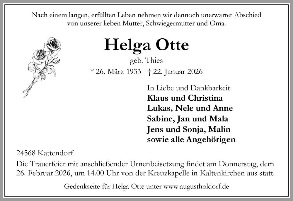  Traueranzeige für Helga Otte vom 21.02.2026 aus Umschau