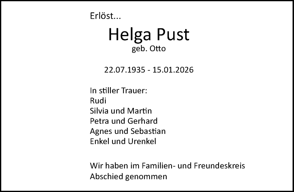  Traueranzeige für Helga Pust vom 07.02.2026 aus MARKT Ratzeburg/Mölln