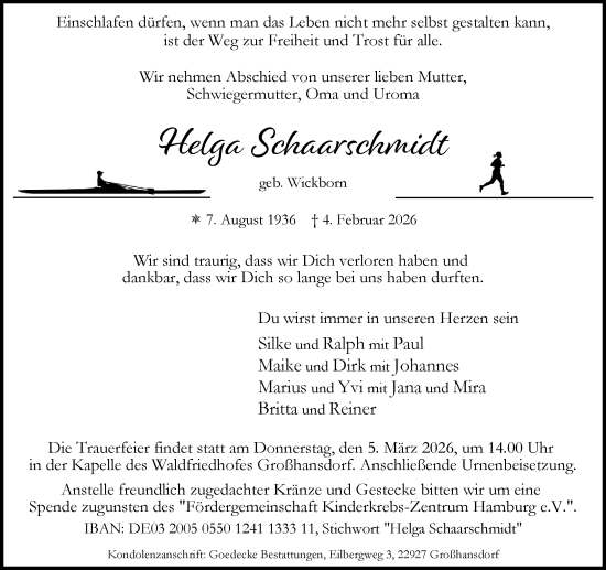 Traueranzeige von Helga Schaarschmidt von MARKT Ahrensburg/Bargteheide/Trittau und Stormarner Tageblatt