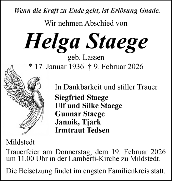 Traueranzeige von Helga Staege von Husumer Nachrichten, Nordfriesland Tageblatt