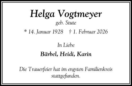 Traueranzeige von Helga Vogtmeyer von Heimatspiegel