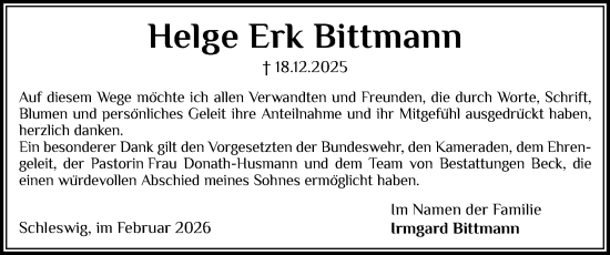Traueranzeige von Helge Erk Bittmann von Schleswiger Nachrichten, Schlei-Bote