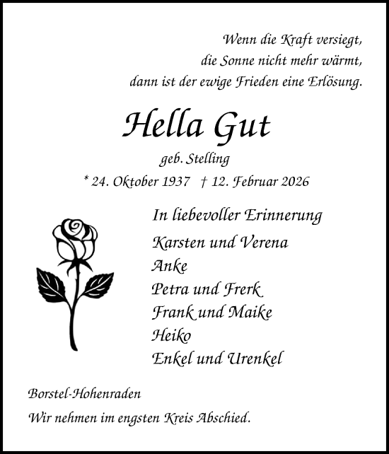 Traueranzeige von Hella Gut von Region Pinneberg und tip Pinneberg