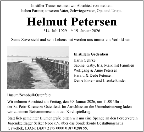 Traueranzeige von Helmut Petersen von Husumer Nachrichten, Nordfriesland Tageblatt