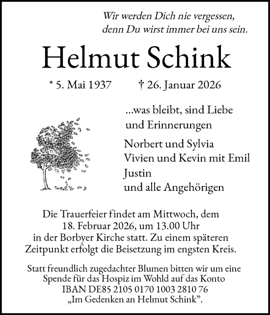 Traueranzeige von Helmut Schink von Eckernförder Zeitung, Hallo Eckernförde