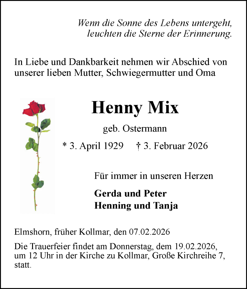  Traueranzeige für Henny Mix vom 07.02.2026 aus Elmshorner Nachrichten, Barmstedter Zeitung