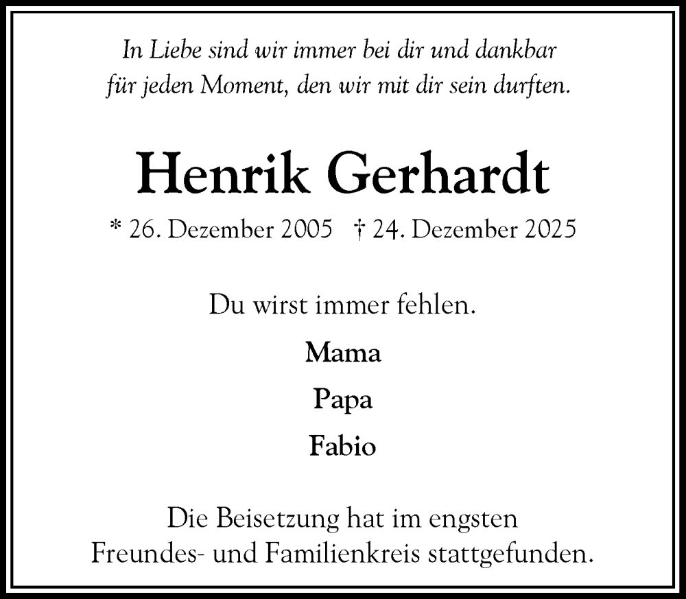  Traueranzeige für Henrik Gerhardt vom 24.01.2026 aus Heimatspiegel