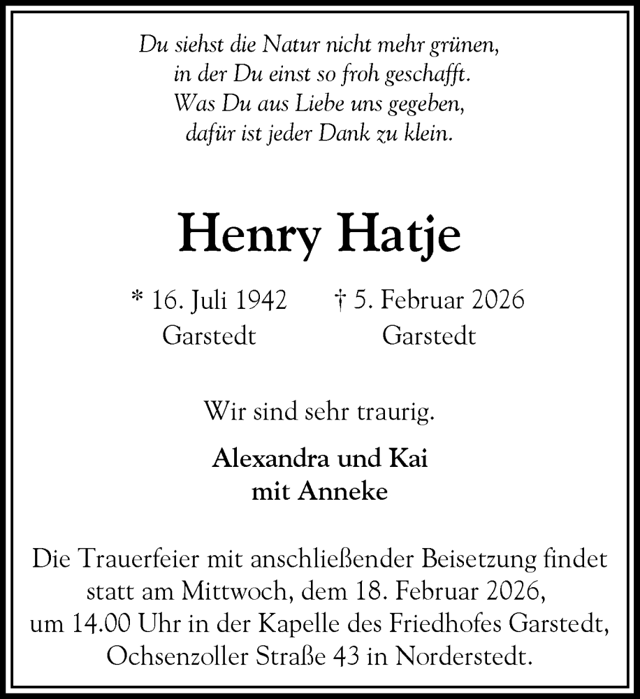  Traueranzeige für Henry Hatje vom 14.02.2026 aus Heimatspiegel