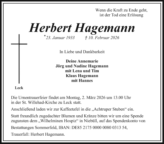 Traueranzeige von Herbert Hagemann von Husumer Nachrichten, Nordfriesland Tageblatt