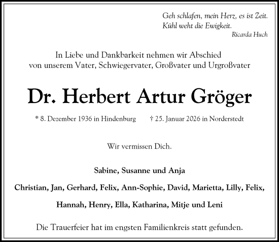 Traueranzeige von Herbert Artur Gröger von Heimatspiegel