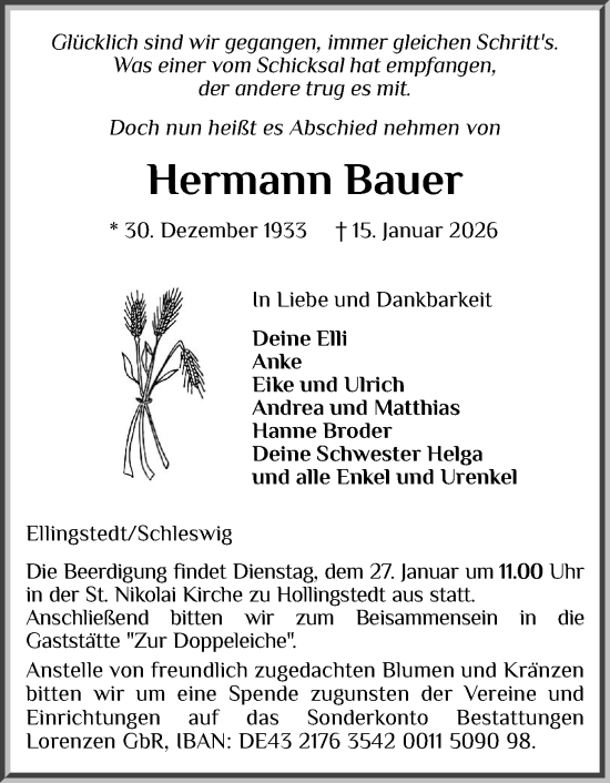 Traueranzeige von Hermann Bauer von Schleswiger Nachrichten, Schlei-Bote