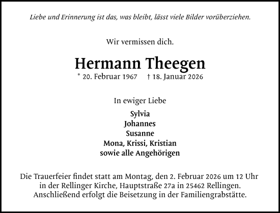 Traueranzeige von Hermann Theegen von Region Pinneberg und tip Pinneberg