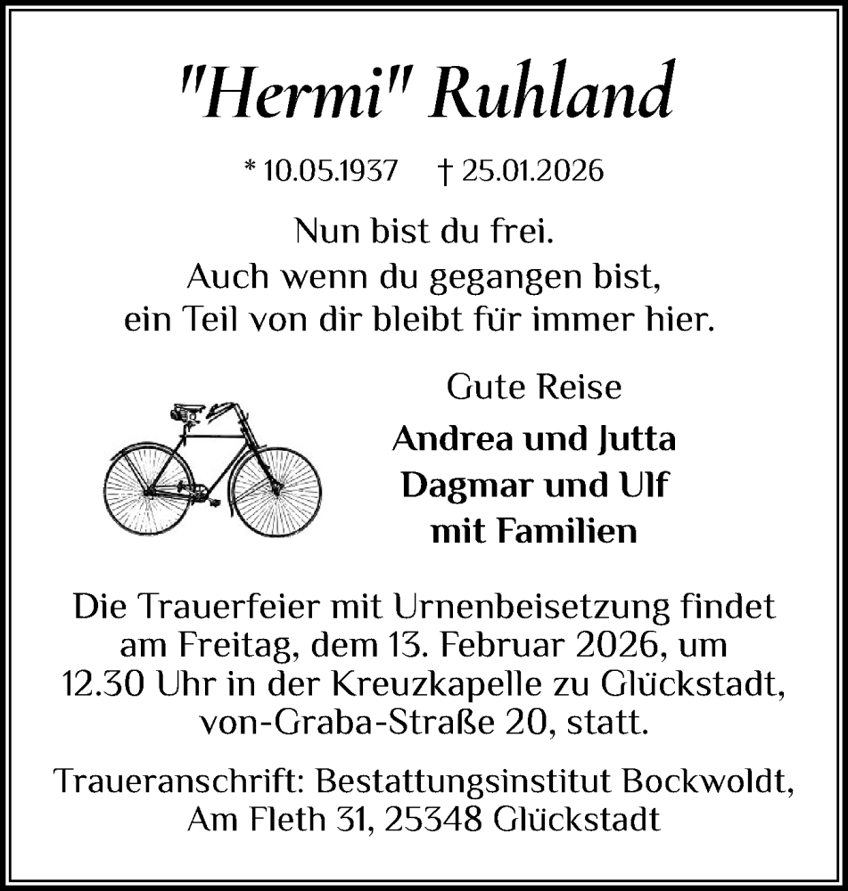  Traueranzeige für Hermi Ruhland vom 07.02.2026 aus Norddeutsche Rundschau, Wilstersche Zeitung, Glückstädter Fortuna