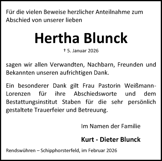 Traueranzeige von Hertha Blunck von Holsteinischer Courier