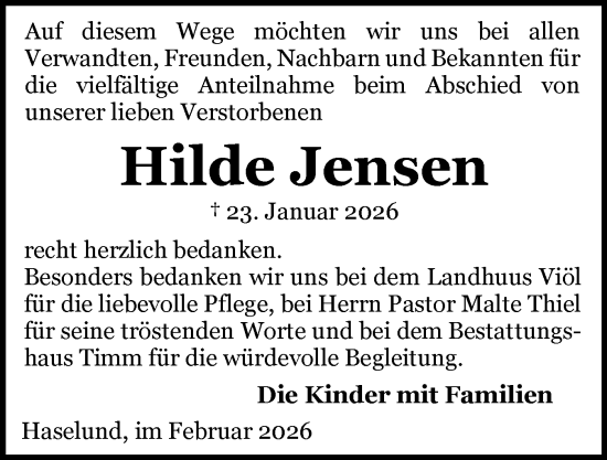 Traueranzeige von Hilde Jensen von Husumer Nachrichten, Nordfriesland Tageblatt