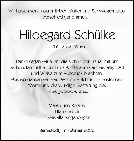 Traueranzeige von Hildegard Schülke von Elmshorner Nachrichten, Barmstedter Zeitung