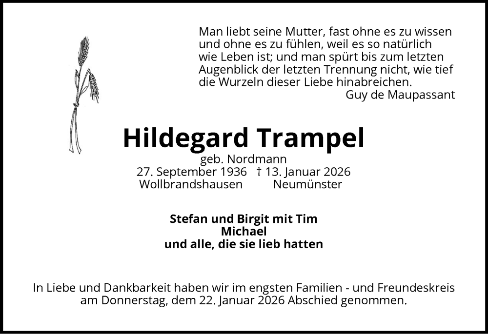  Traueranzeige für Hildegard Trampel vom 24.01.2026 aus Holsteinischer Courier