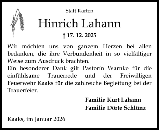 Traueranzeige von Hinrich Lahann von Norddeutsche Rundschau, Wilstersche Zeitung, Glückstädter Fortuna