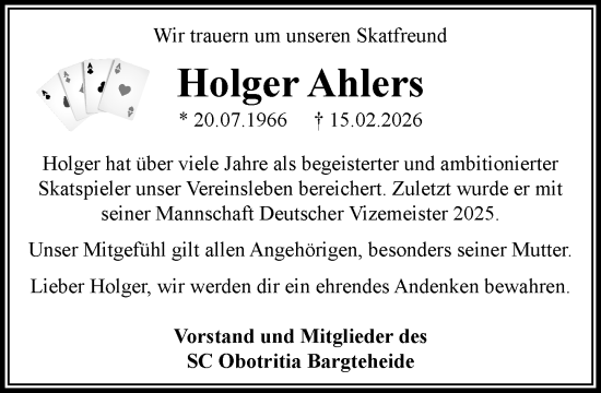 Traueranzeige von Holger Ahlers von MARKT Ahrensburg/Bargteheide/Trittau und Stormarner Tageblatt